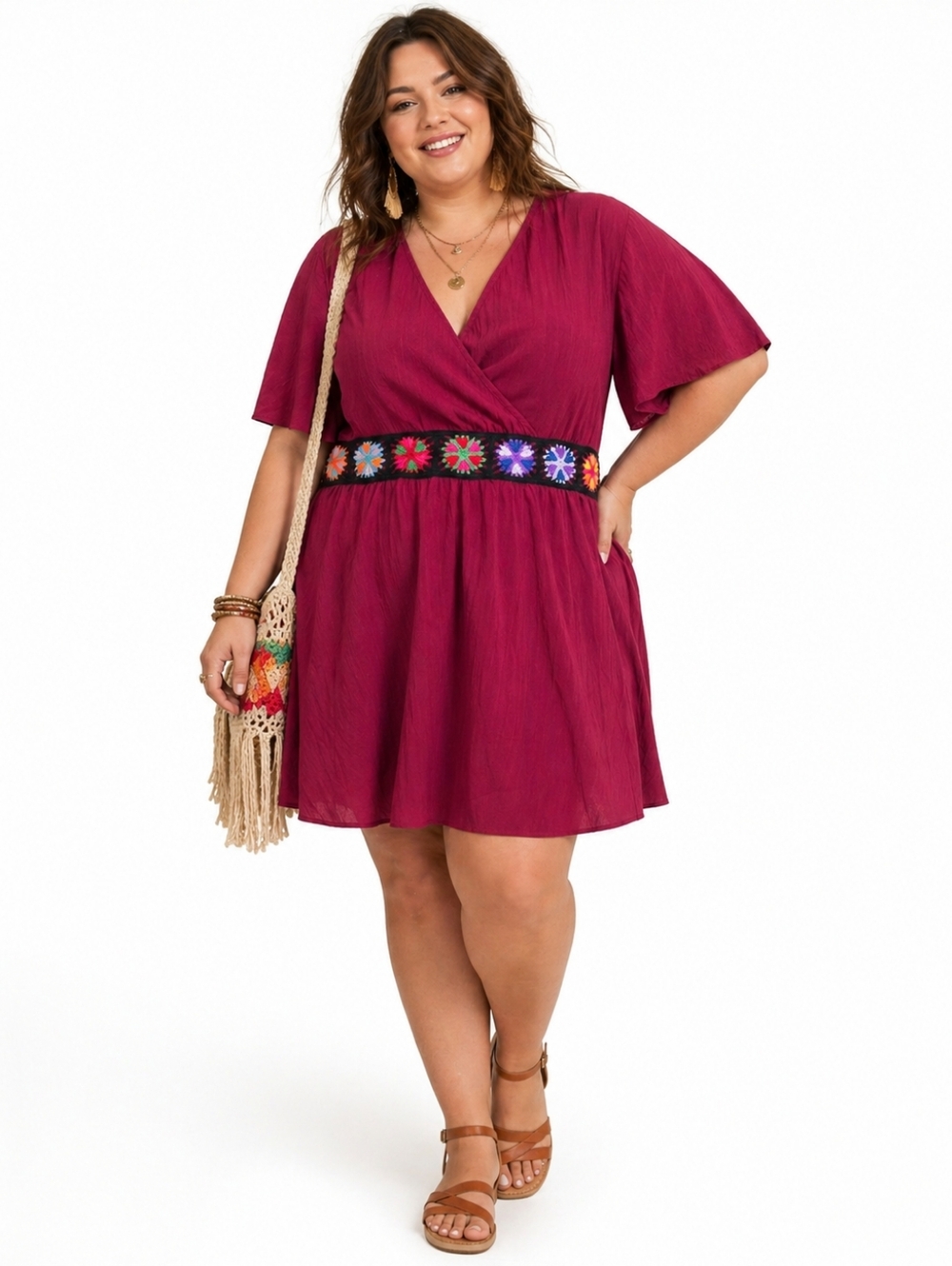 Burgundy Boho Embroidered Waist Dress XXL Flowy Festival V-Neck
